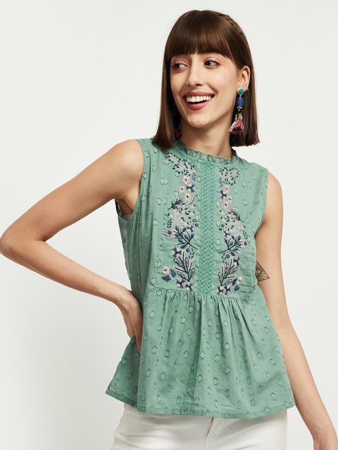 

max Green Floral Embroidered Cinched Waist Top