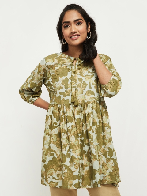 

max Green Floral Tie-Up Neck Georgette Cinched Waist Top