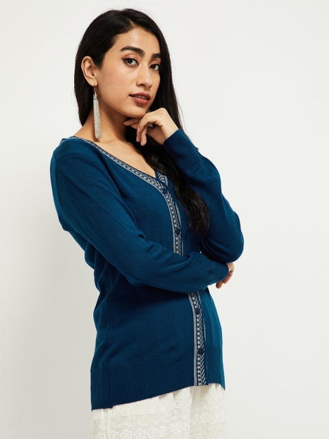 

max Women Blue & Off White Button Acrylic Shrug