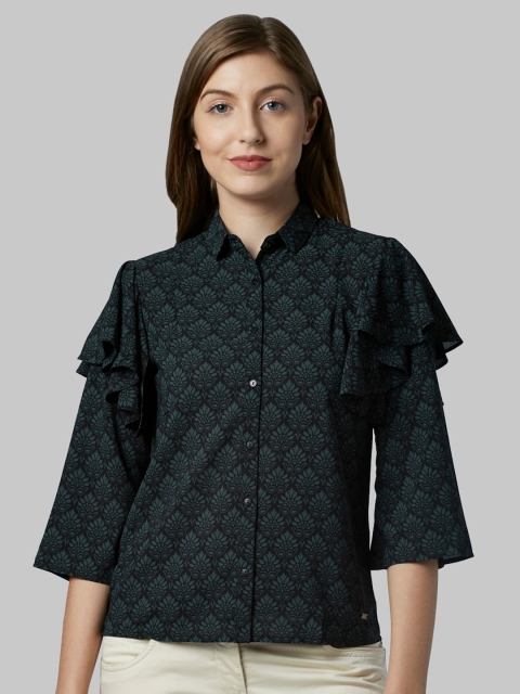 

Park Avenue Woman Black Geometric Ruffles Shirt Style Top