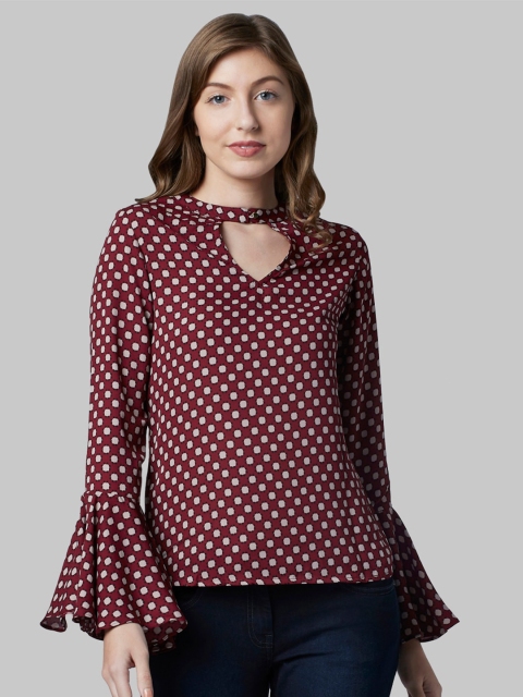 

Park Avenue Woman Maroon & White Choker Neck A-Line Top