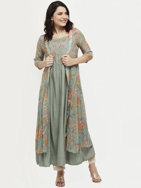 

max Women Green Floral Printed Anarkali Kurta