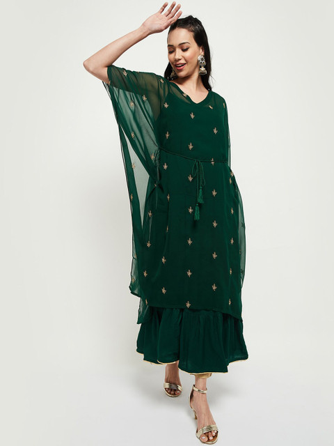 

max Women Green Floral Embroidered Flared Sleeves Kurta