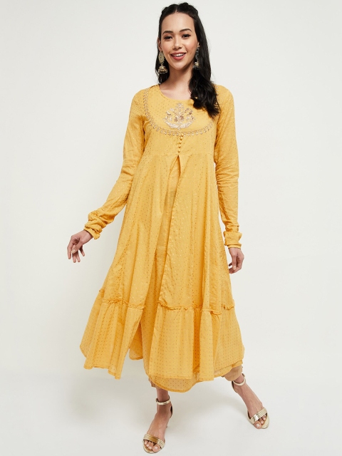 

max Women Mustard Yellow Ethnic Motifs Embroidered Layered Kurta