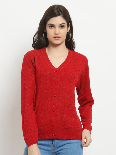 

HALTON HILLS Women Red Self-Design Cardigan