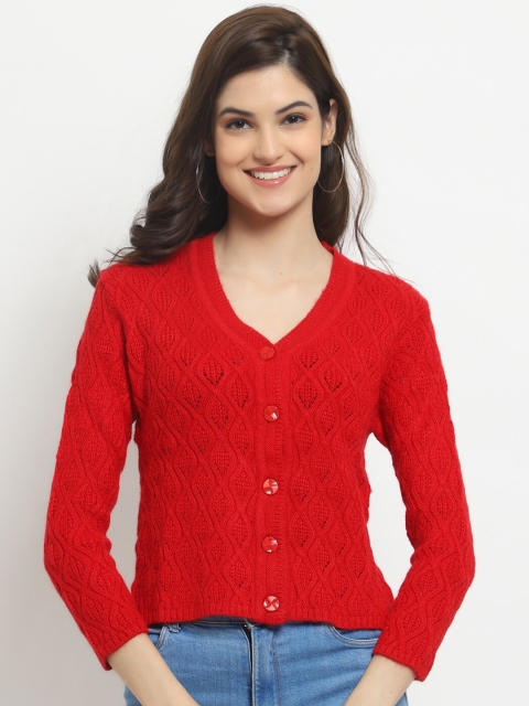 

HALTON HILLS Women Red Self Design Pure Acrylic Cardigan