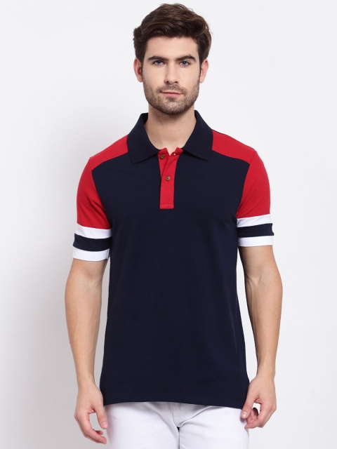 

Kalt Men Navy Blue & Red Colourblocked Polo Collar T-shirt