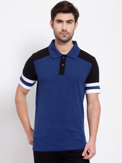 

Kalt Men Blue & White Colourblocked Polo Collar T-shirt