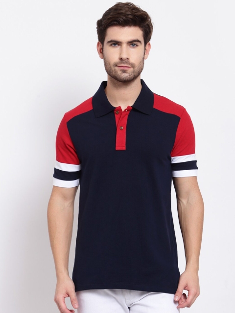 

Kalt Men Navy Blue & Red Colourblocked Polo Collar T-shirt