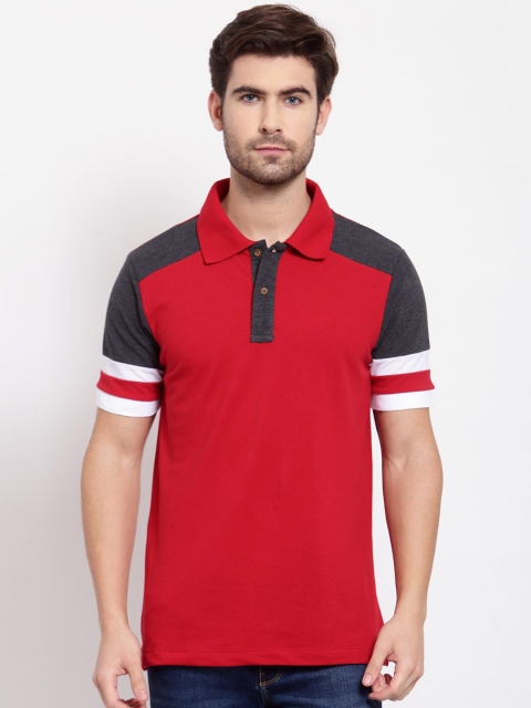 

Kalt Men Red & Charcoal Grey Colourblocked Polo Collar T-shirt