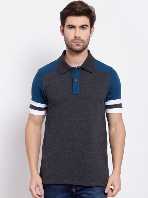 

Kalt Men Grey & Blue Colourblocked Polo Collar T-shirt