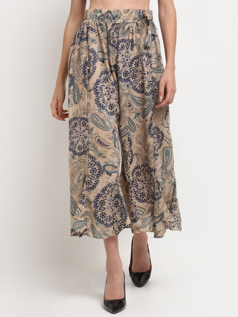 

TAG 7 Women Beige & Green Paisley Printed Flared Palazzos