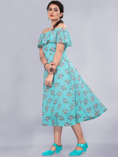 

Rizzly Blue Floral Printed Off-Shoulder Georgette Fit & Flare Dress