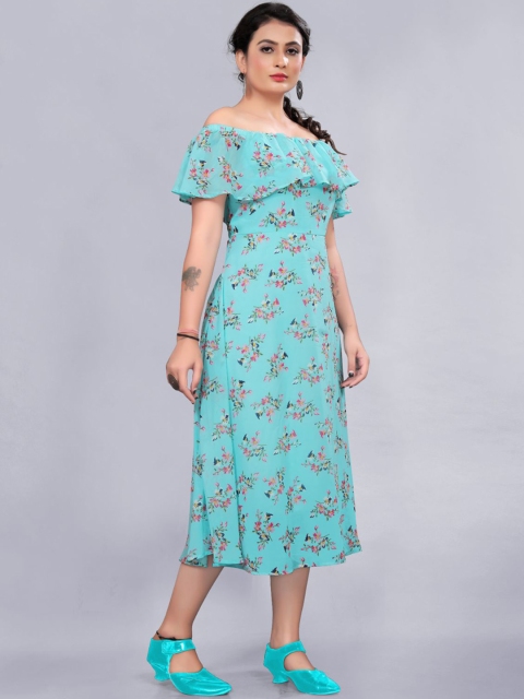 

Rizzly Blue Floral Off-Shoulder Georgette Dress