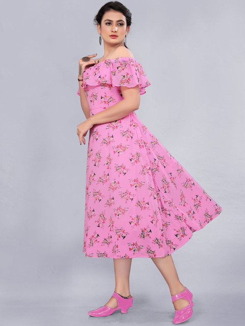 

Rizzly Pink Floral Off-Shoulder Georgette Midi Dress