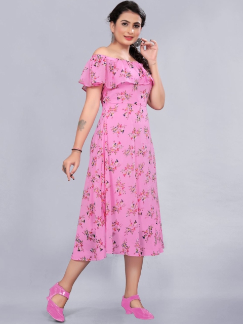 

Rizzly Pink Floral Off-Shoulder Georgette Midi Dress