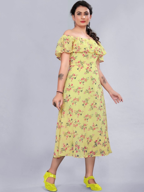 

Rizzly Yellow Floral Off-Shoulder Georgette Dress
