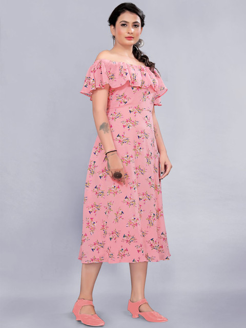 

Rizzly Peach-Coloured Floral Off-Shoulder Georgette Maxi Midi Dress