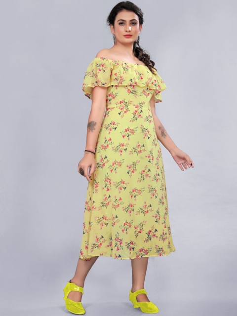 

Rizzly Yellow Floral Off-Shoulder Georgette Dress