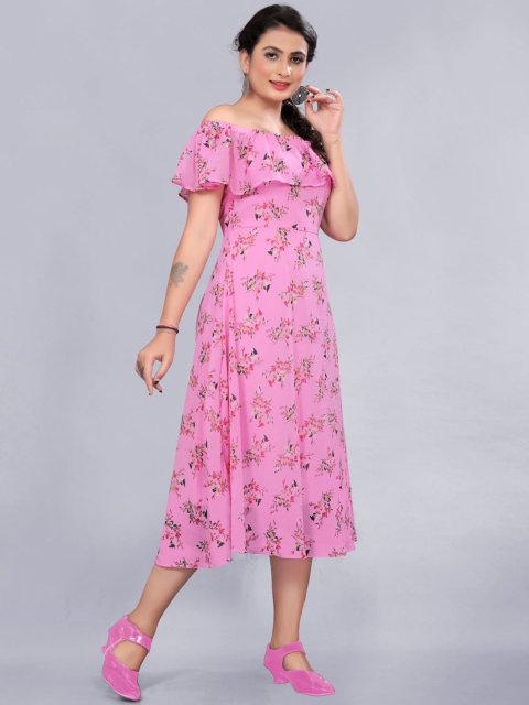 

Rizzly Women Pink Floral Off-Shoulder Georgette Midi Dress