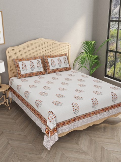 

Gulaab Jaipur Off White & Red Ethnic Motifs Handblock Printed 600 TC King Bedsheet with 2 Pillow Covers