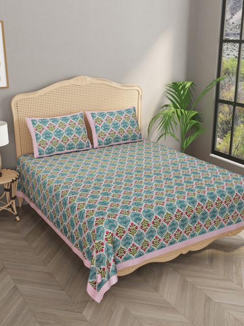 

Gulaab Jaipur Green & Pink Floral Handblock Printed 600 TC King Bedsheet with 2 Pillow Covers