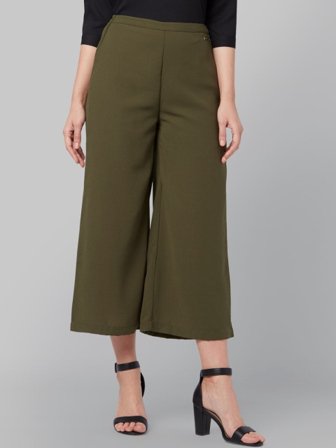 

Park Avenue Woman Women Green Solid Mid Rise Flat Front Culottes Trousers