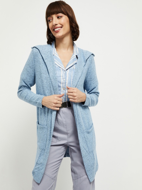 

max Women Blue Longline Hooded Shrug