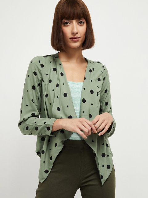 

max Women Olive Green & Black Polka Dots Printed Waterfall Shrug