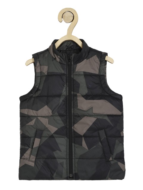 

Allen Solly Junior Boys Olive Green Camouflage Crop Padded Jacket with Patchwork