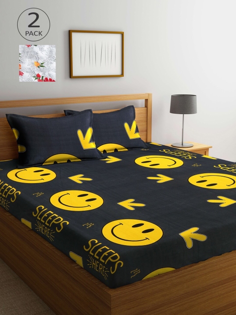 

Arrabi White & Yellow Cartoon Characters 300 TC 2 King Bedsheet with 4 Pillow Covers
