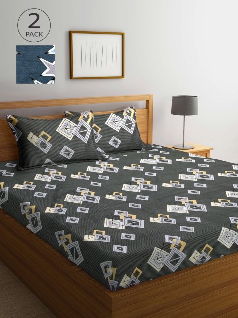 

Arrabi Grey & Blue Graphic 300 TC 2 King Bedsheet with 4 Pillow Covers