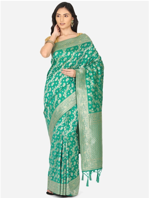 

BOMBAY SELECTIONS Green & Gold-Toned Woven Design Zari Art Silk Banarasi Saree