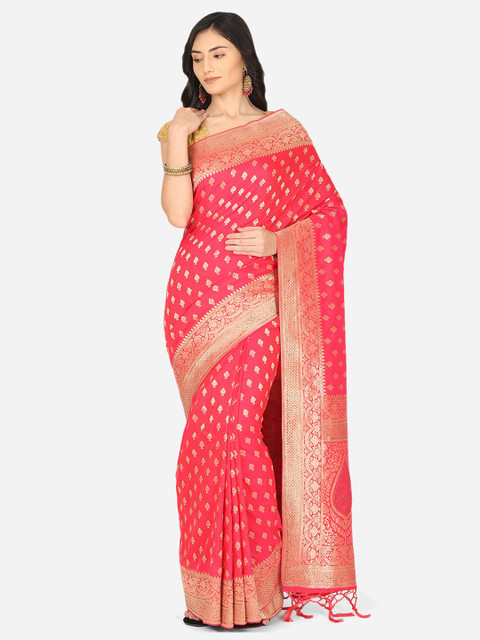 

BOMBAY SELECTIONS Magenta & Gold-Toned Woven Design Zari Art Silk Banarasi Saree