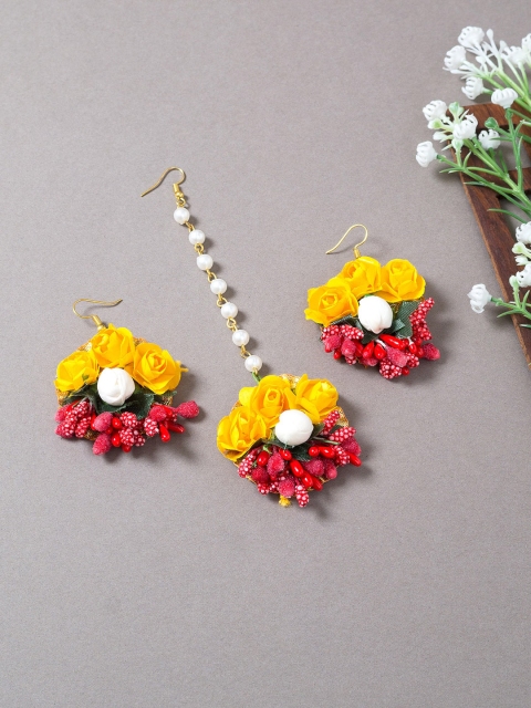 

Golden Peacock Yellow & Red Floral Jhumkas Earrings