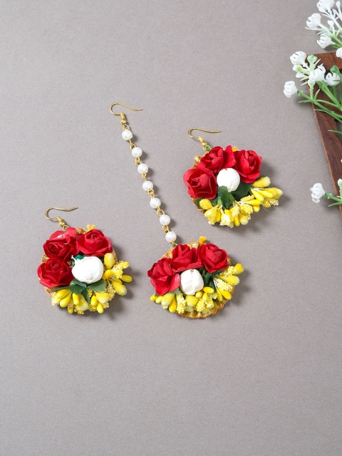 

Golden Peacock Multicoloured Beaded Floral Drop Earrings With Maang Tika, Multi