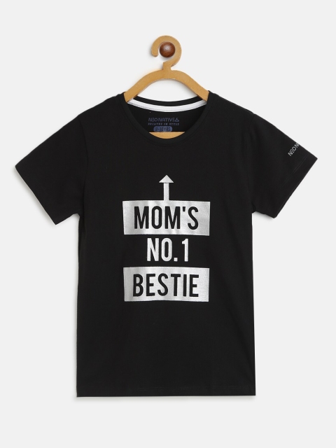 

NEO NATIVES Kids Black & White Typography Printed Bio Finish Slim Fit Cotton T-shirt