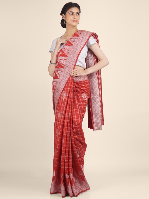 

Shruti and Mangaaysh Red & Silver-Coloured Ethnic Motifs Zari Silk Blend Banarasi Saree