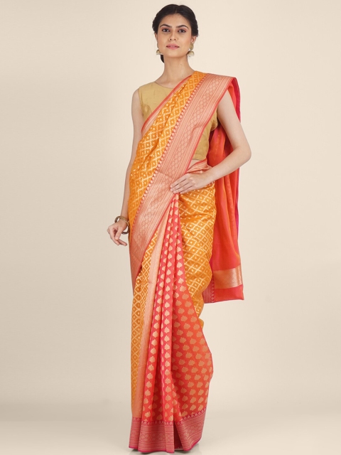 

Shruti and Mangaaysh Orange & Pink Woven Design Zari Silk Blend Banarasi Saree