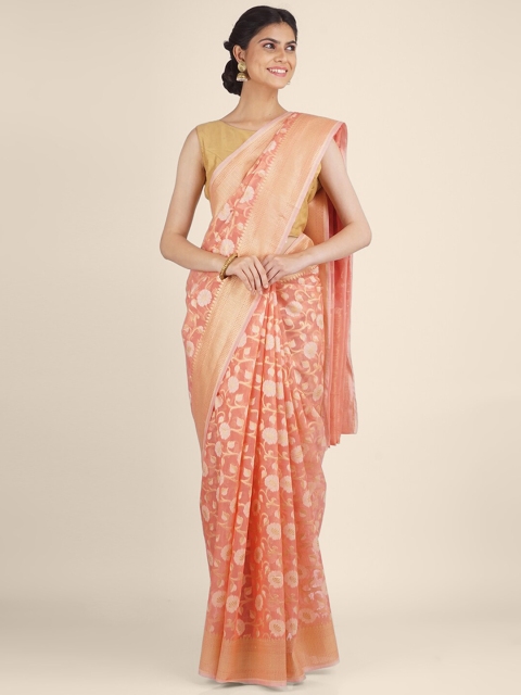 

Shruti and Mangaaysh Peach-Coloured & Gold-Toned Floral Zari Banarasi Silk Blend Saree