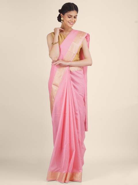 

Shruti and Mangaaysh Pink & Gold-Toned Solid Banarasi Handloom Silk Blend Saree