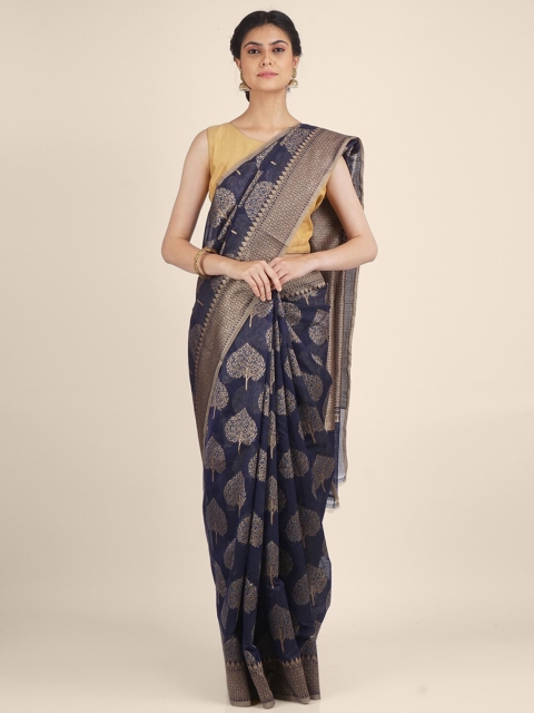 

Shruti and Mangaaysh Navy Blue & Beige Woven Design Zari Silk Blend Banarasi Saree