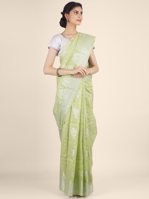 

Shruti and Mangaaysh Green & Silver-Toned Woven Design Zari Silk Blend Banarasi Saree