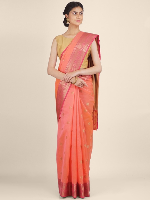 

Shruti and Mangaaysh Coral & Gold-Toned Woven Design Zari Silk Blend Banarasi Saree