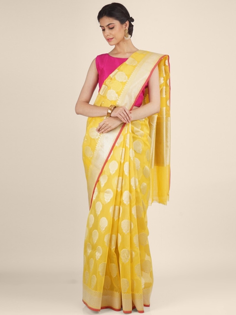 

Shruti and Mangaaysh Yellow & Gold-Toned Woven Design Silk Blend Banarasi Saree