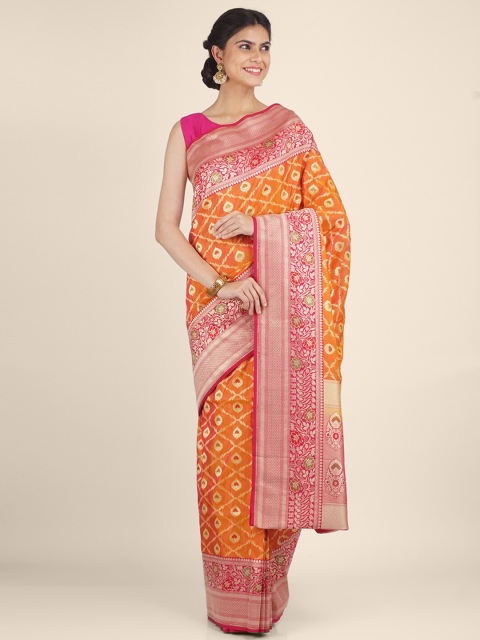 

Shruti and Mangaaysh Orange & Gold-Toned Ethnic Motifs Silk Blend Banarasi Saree