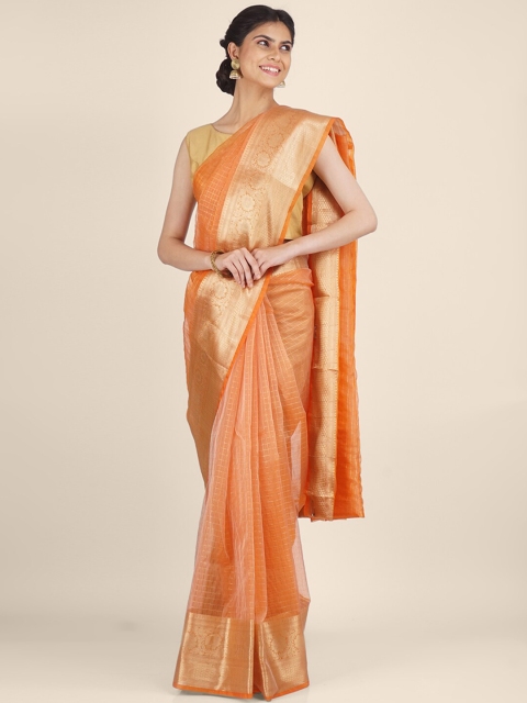 

Shruti and Mangaaysh Orange & Gold-Toned Checked Silk Blend Banarasi Saree