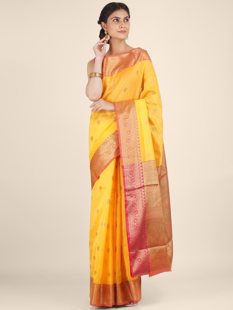 

Shruti and Mangaaysh Yellow & Pink Ethnic Motifs Silk Blend Banarasi Saree