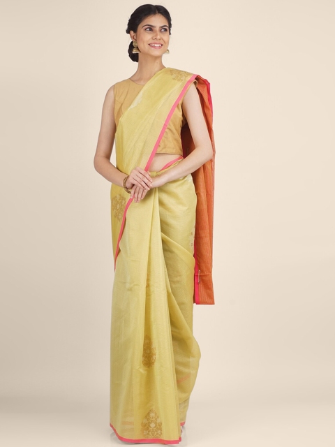 

Shruti and Mangaaysh Lime Green & Orange Woven Design Zari Silk Blend Banarasi Saree