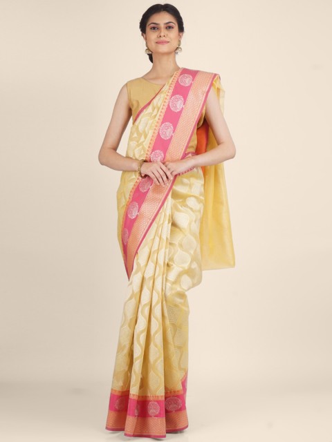 

Shruti and Mangaaysh Yellow & Pink Woven Design Banarasi Saree